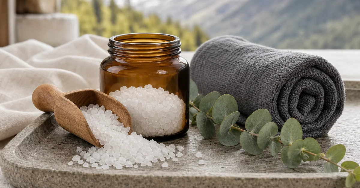 Weisse Bittersalz-Kristalle in einer Holzschale am Rand einer eingelassenen Badewanne mit dampfendem Wasser