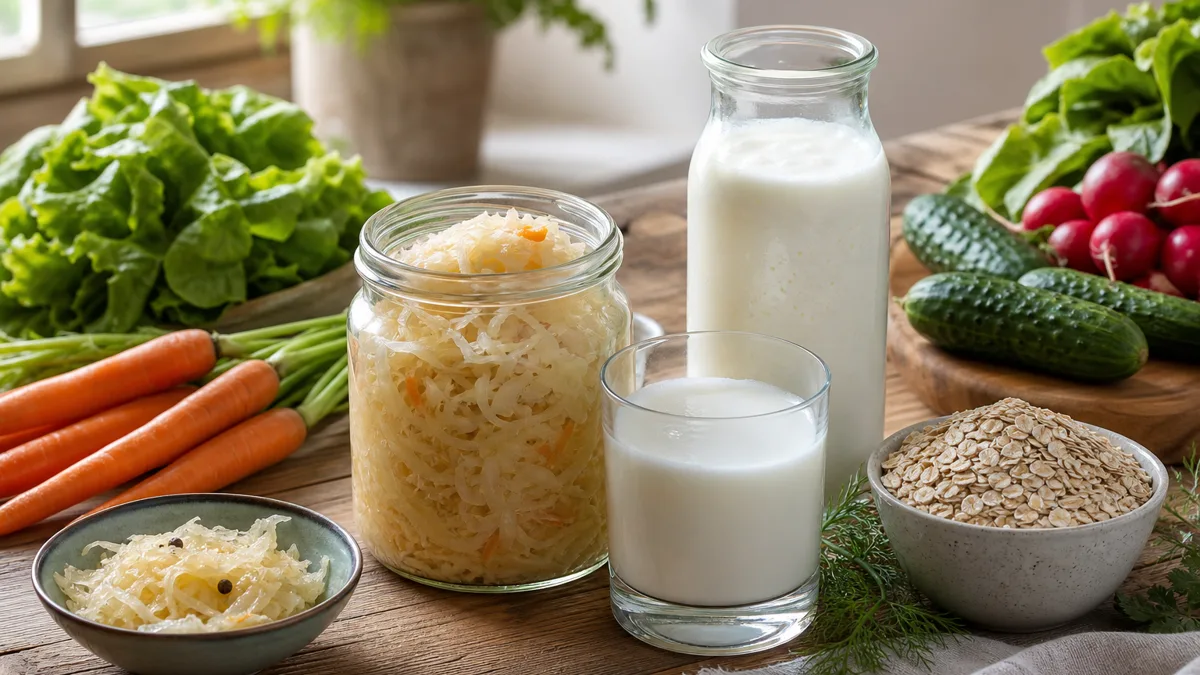 Schale mit Naturjoghurt, rohem Sauerkraut, Kefir und ballaststoffreichem Gemüse auf einem Holztisch als darmfreundliche Ernährung