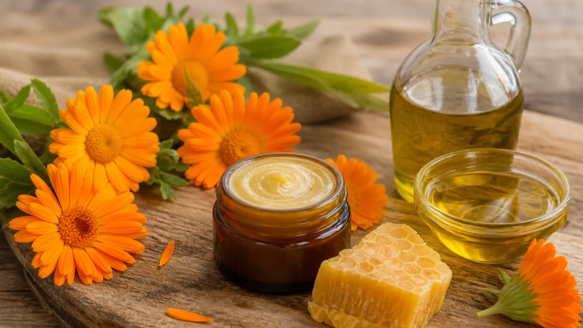 Selbstgemachte orangefarbene Ringelblumensalbe in einem Glastiegel neben frischen Calendulablüten und Bienenwachs