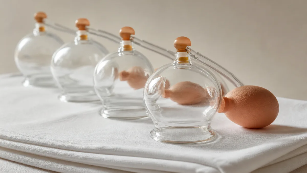 Runde Schröpfgläser aus Glas auf dem oberen Rücken einer liegenden Person mit sichtbaren kreisförmigen Druckstellen
