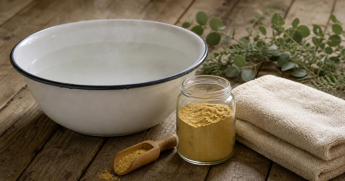 Holzzuber mit dampfendem Wasser, daneben eine Schale mit gelbem Senfmehl, ein Holzlöffel und Wollsocken